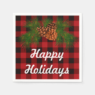 Happy Holiday,  red tartan, pine-cone detail Napkin