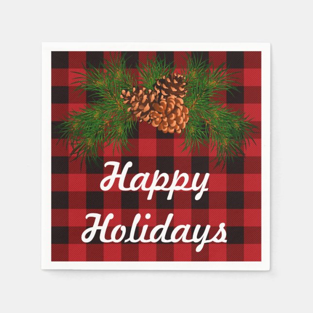Happy Holiday,  red tartan, pine-cone detail Napkin (Front)