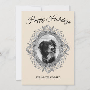 Happy Holiday Silver Grey Leaves Wreath Photo Card