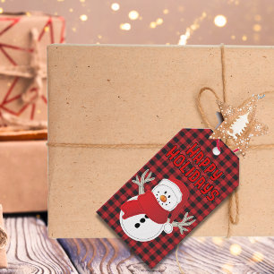 Happy Holiday Snowman Red and Black Country Plaid Gift Tags