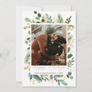 Happy Holiday watercolor greenery gold red holly