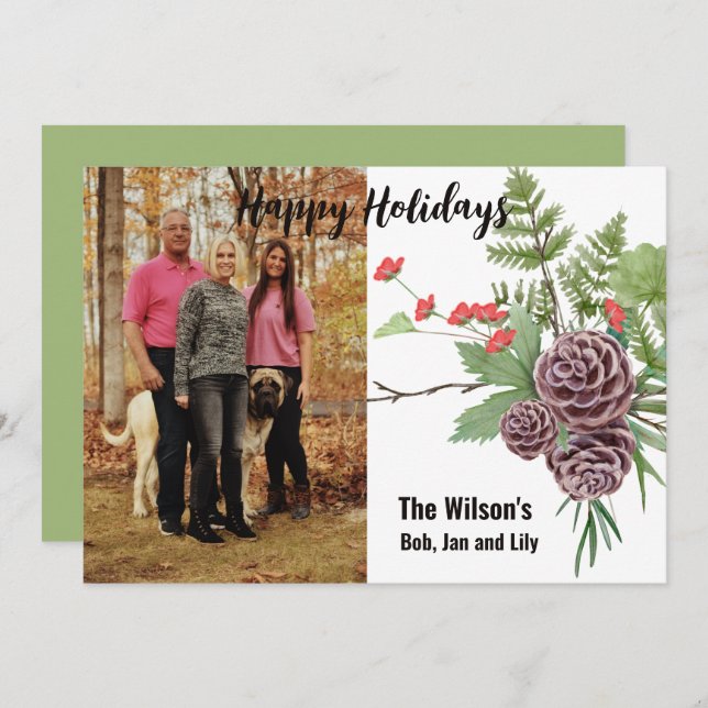 Happy Holiday Winter Floral Rustic Photo Card (Front/Back)