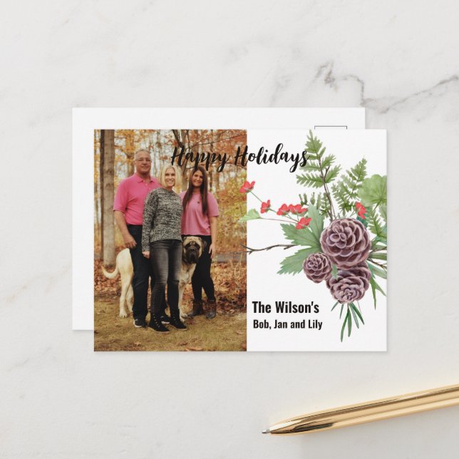 Happy Holiday Winter Floral Rustic Photo PostCard (Front/Back In Situ)