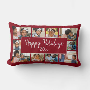 Happy Holidays 10 Photo Collage Burgundy Red Lumbar Cushion
