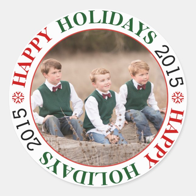 Happy Holidays 2015 red, green Christmas photo Classic Round Sticker (Front)