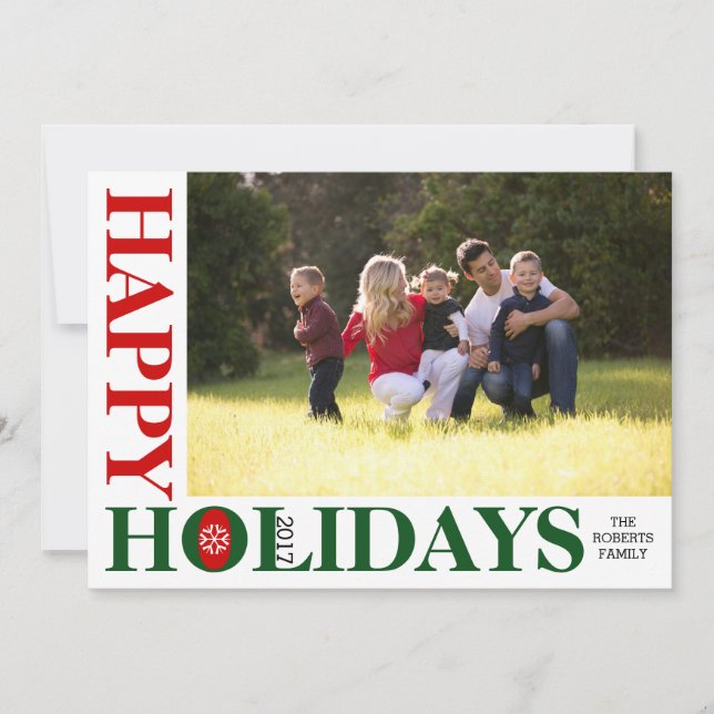 Happy Holidays 2017 red stripes Christmas photo Holiday Card (Front)