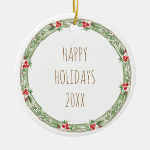 Happy Holidays 20XX Family Name Wreath Berries Ceramic Tree Decoration