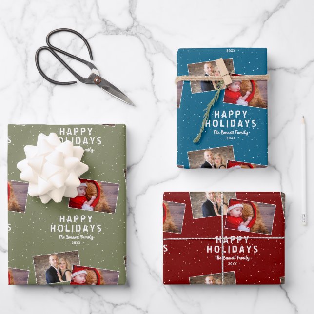 Happy Holidays 2 Photo Collage Snowflakes Wrapping Paper Sheet (Front)