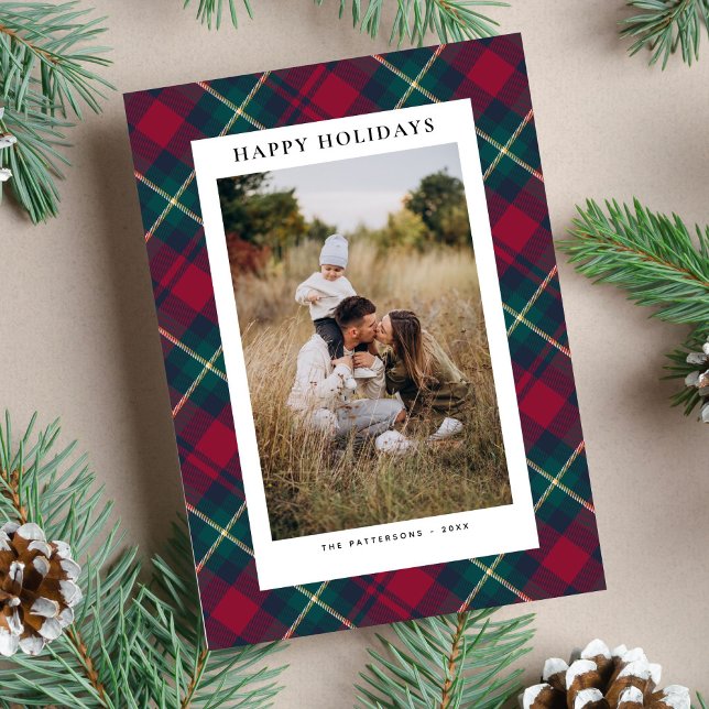Happy Holidays 2 Photos Fun Plaid Simple Classic Holiday Card (Creator Uploaded)