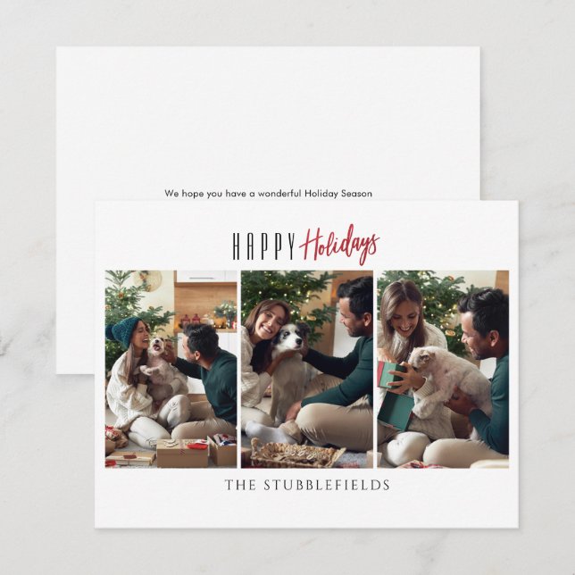 Happy Holidays 3 Family Photos Christmas Greetings Card (Front/Back)