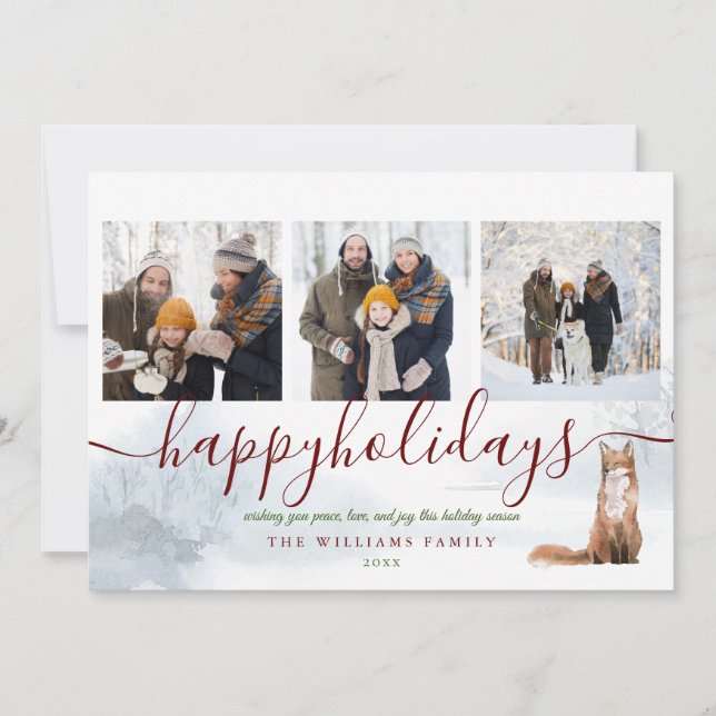 Happy Holidays 3 Photo Collage Fox Christmas Holiday Card (Front)
