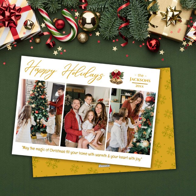 Happy holidays 3-photo collage modern gold festive holiday card (Front/Back )