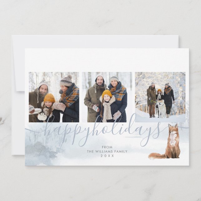 Happy Holidays 3 Photo Collage Winter Woodland Fox Holiday Card (Front)