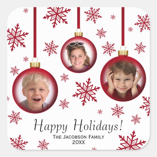 Happy Holidays 3 Photo Fun Red Baubles Christmas Square Sticker (Front)