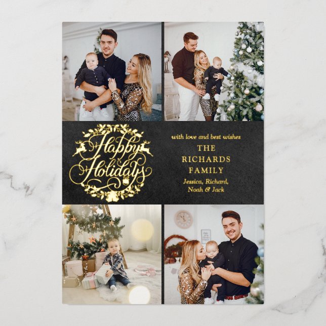 Happy Holidays 4 Photo Collage Chalkboard Gold Foil Holiday Card (Front)