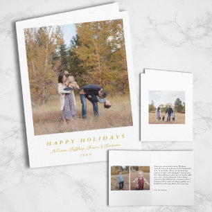 Happy Holidays 4 Photo Gold Text Minimal Folded Holiday Card