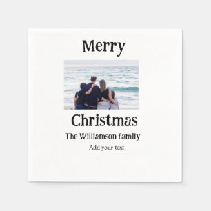 Happy holidays add family name photo Christmas Napkin