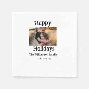 Happy holidays add family name photo Christmas Napkin