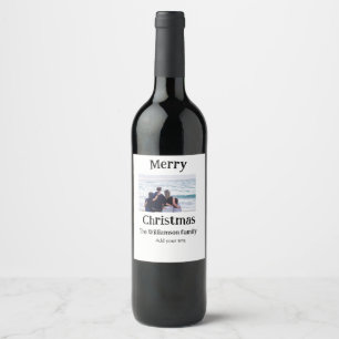 Happy holidays add family name photo Christmas Wine Label
