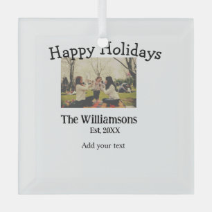 Happy holidays add family name photo date year sim glass tree decoration