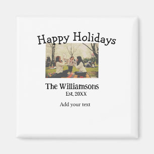 Happy holidays add family name photo date year sim magnet