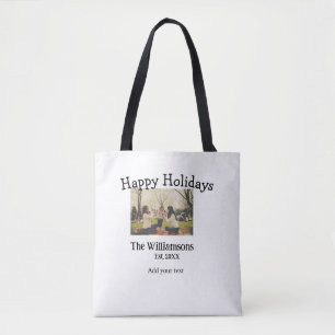 Happy holidays add family name photo date year sim tote bag