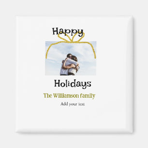 Happy holidays add family name photo gold bow magnet