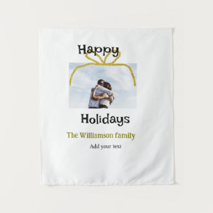 Happy holidays add family name photo gold bow tapestry