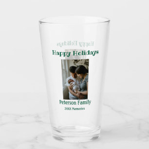 Happy holidays add family photo green Christmas fa Glass