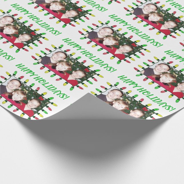 Happy Holidays Add Your Photo Christmas Lights Wrapping Paper (Corner)