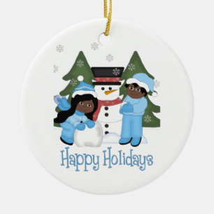 Happy Holidays African American Kids With Snowman Ceramic Tree Decoration