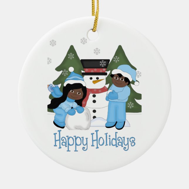 Happy Holidays African American Kids With Snowman Ceramic Tree Decoration (Front)