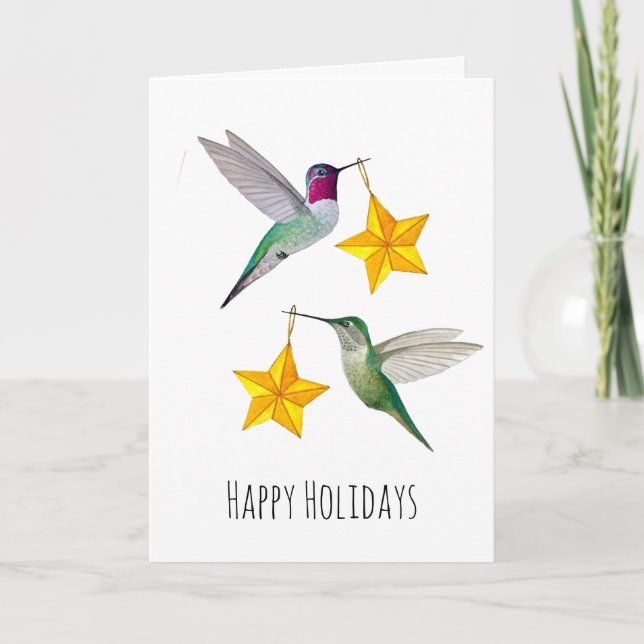 Happy Holidays Anna's Hummingbirds and Stars  Holiday Card (Front)