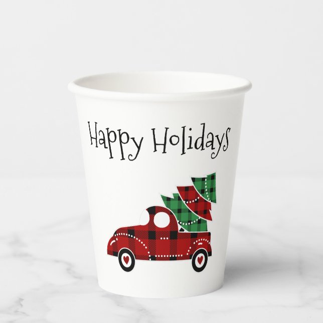 Happy Holidays Antique Red Truck Christmas Paper Cups (Front)