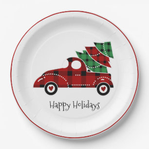 Happy Holidays Antique Red Truck Paper Plate