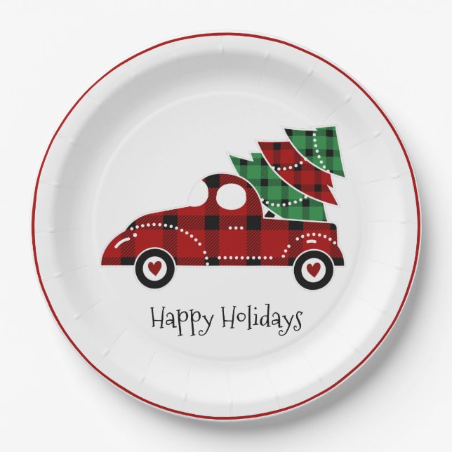 Happy Holidays Antique Red Truck Paper Plate (Front)