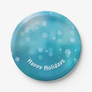 Happy Holidays aqua bokeh lights Paper Plate
