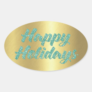 Happy Holidays Aqua Glitter on Gold Oval Sticker