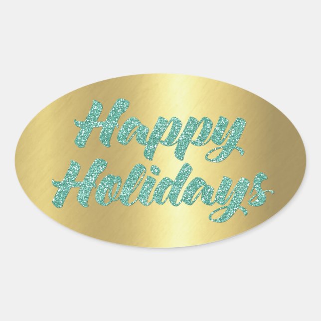 Happy Holidays Aqua Glitter on Gold Oval Sticker (Front)