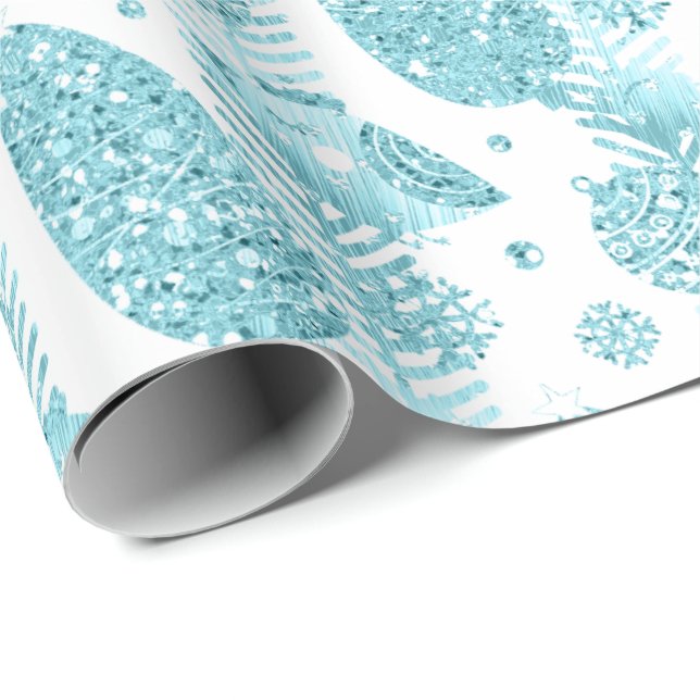 Happy Holidays Aqua White Glitter Christmas Tree Wrapping Paper (Roll Corner)
