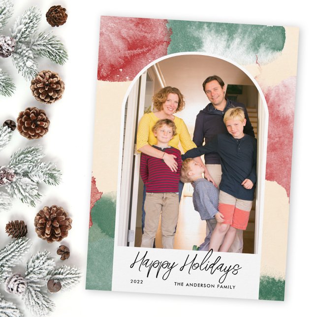 Happy Holidays Arched Photo Abstract Watercolor Holiday Card (Creator Uploaded)