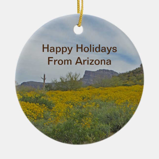 Happy Holidays Arizona Wildflower Desert Landscape Ceramic Tree Decoration (Front)