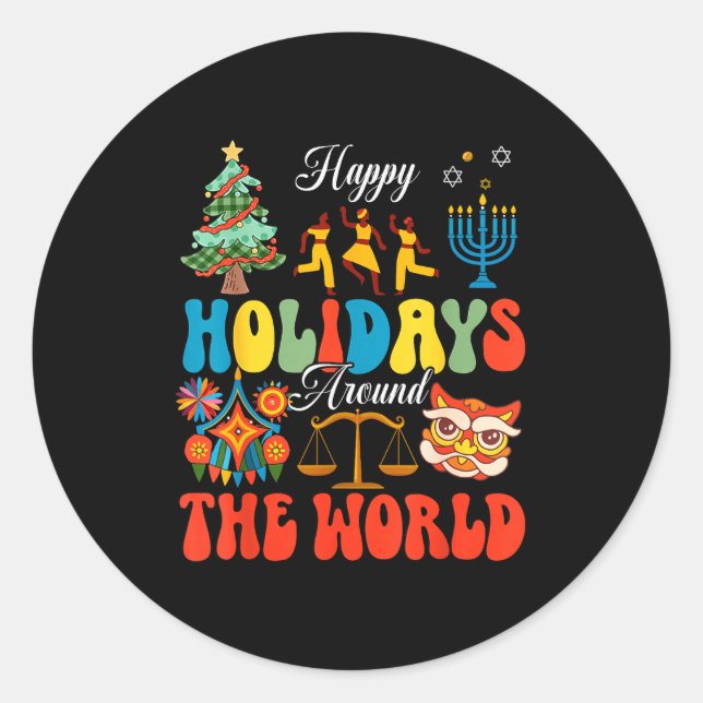 Happy Holidays Around World Christmas Hanukkah Diw Classic Round Sticker (Front)