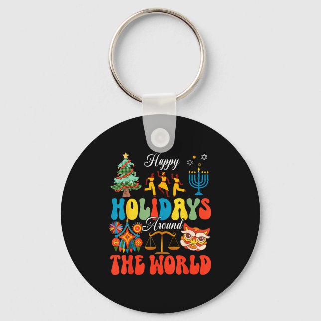 Happy Holidays Around World Christmas Hanukkah Diw Key Ring (Front)