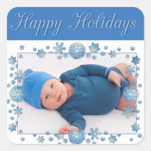 Happy Holidays Baby Photo Blue Snowflake Sticker