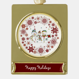 Happy Holidays Banner Ornament Gold Plated/Snowmen