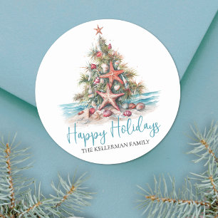 Happy Holidays Beach Christmas Tree Classic Round Sticker