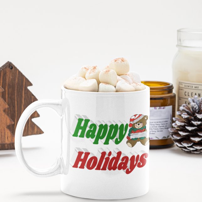 Happy Holidays Bear Christmas half typography Coffee Mug (Creator Uploaded)