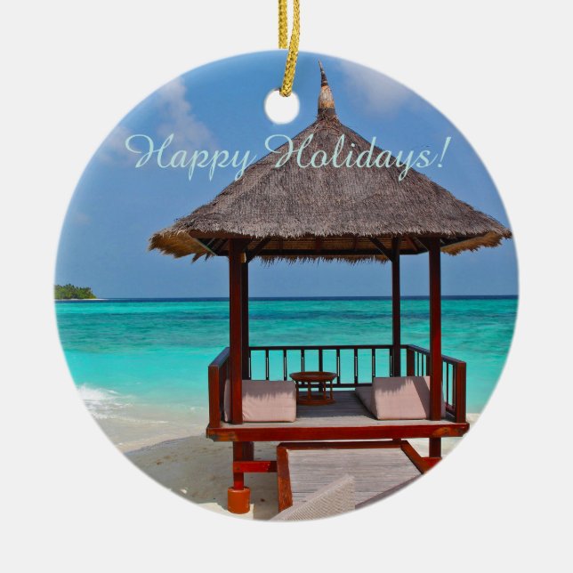 Happy Holidays Beautiful Maldives Islands Ceramic Tree Decoration (Front)