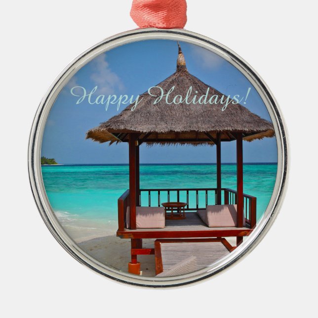 Happy Holidays Beautiful Maldives Islands Metal Tree Decoration (Front)